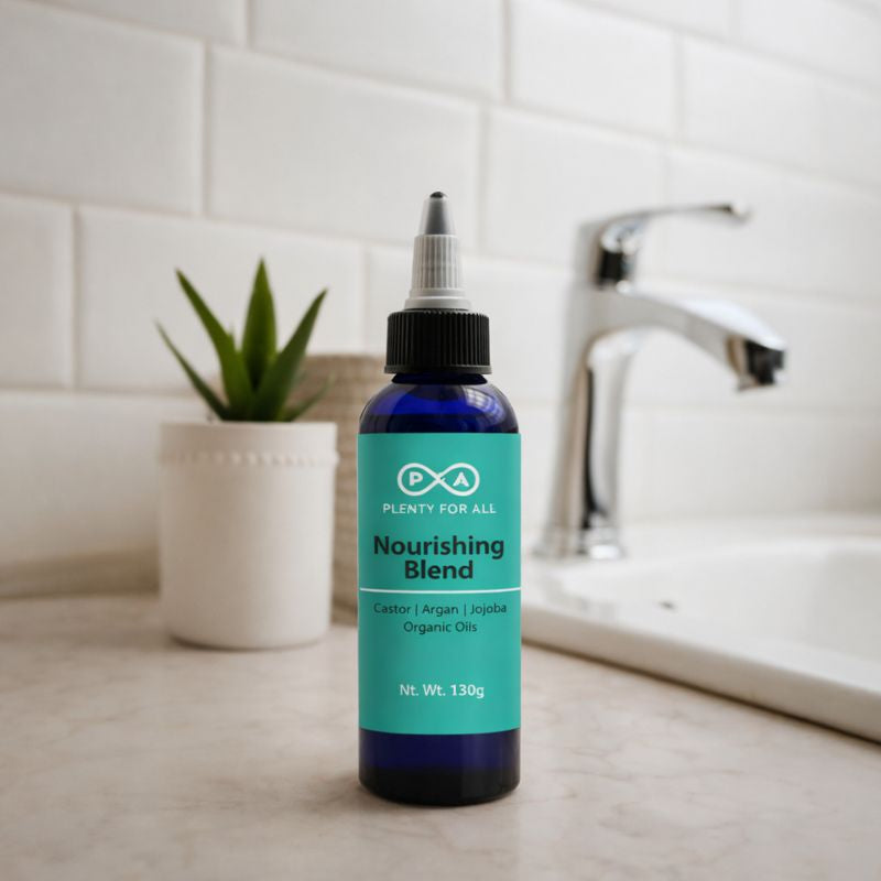 Bottle of PlentyForAll 'Nourishing Blend' on a bathroom counter with a plant and sink in the background.